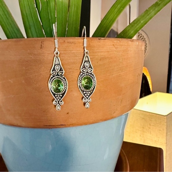 Green Amethyst and 925 Sterling Silver Dangle Drop Earrings - Picture 3 of 6